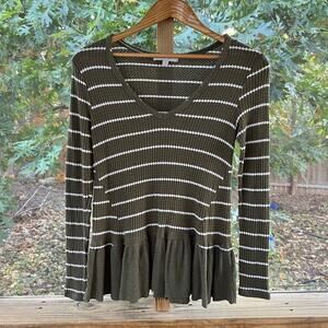 Anthropologie Eri & Ali Green & White Striped Ruffled Knit Top Size XS